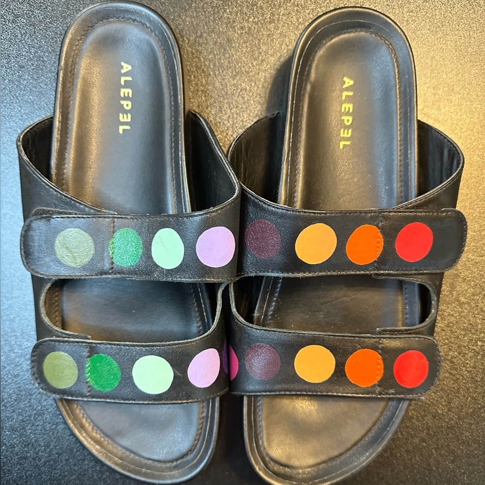 Alepel multi dot leather Velcro sandals.  Hand painted. Size 6. Art.